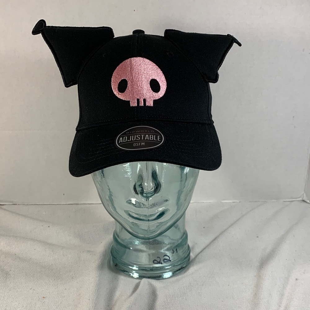 Unisex Black Kuromi Cap with Pink Skull Design and 3D Ears